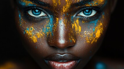 Striking portrait with vivid face paint and intense blue eyes