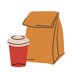 Coffee to go and a paper bag of breakfast. Takeaway fast food paper or cardboard containers, food delivery paper box, bag and plastic cup flat vector illustration. 