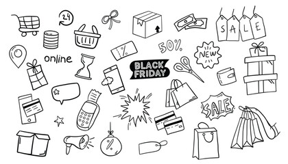 Hand drawn doodle Black Friday icons set. Shopping retail sale and discount. Vector illustration. © Jevgeniya Mukhitova