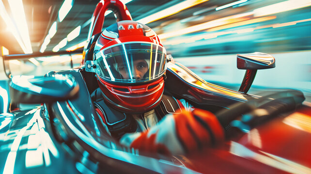 Point of view shot outside facing a formula one race car driver racing down the speedway of a professional motor sports race