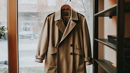 Fototapeta premium Stylish coat hanging by a window on a rainy day