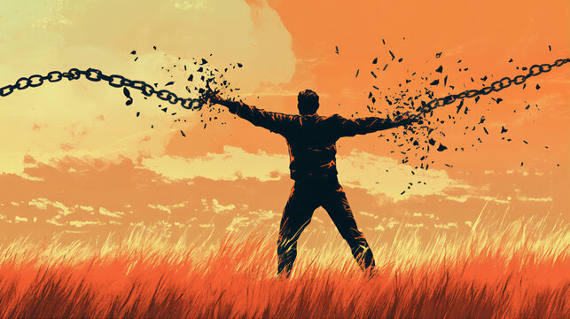 Breakthrough from spiritual chain boundage with power of prayer. Concept of freedom through prayer, christianity and accept Jesus Christ as lord and savior. Broken shackles, unchained silhouette 