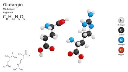 Molecule: Arginate or glutargin. Molecular structure. Formula: C11H23N5O6. Chemical model: Ball and stick. White background. 3D illustration.