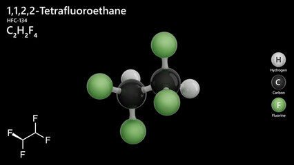 1,1,2,2-Tetrafluoroethane or HFC-134. A detailed model of a molecule. Molecular formula: C2H2F4. Chemical model: Ball and stick. Greenhouse gas. Black background. 3d illustration
