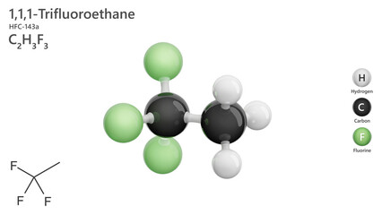 HFC-143a or 1,1,1-trifluoroethane. A detailed model of molecule. Molecular formula: C2H3F4. Chemical model: Ball and stick. Greenhouse gas. White background. 3d illustration