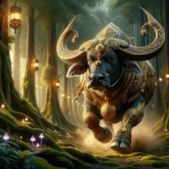 Fototapeta premium Majestic Armored Buffalo: A Powerful Divine Creature Adorned in Intricate Golden Armor Charging Through a Glowing Enchanted Forest, Radiating Strength and Grace
