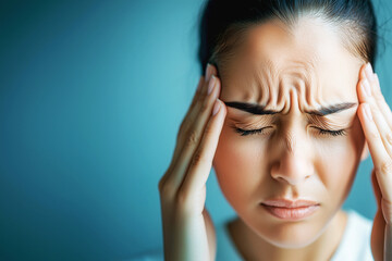 Fototapeta premium Depressed anxiety asian young woman frustrated hand on head, touching her temples, suffering stressed, sick, tired, crisis on sofa from headache, migraine pain tension problem health care concept