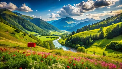 Fototapeta premium Vibrant Landscape with Animated Red Signboard in Scenic Nature Setting for Eye-Catching Visuals