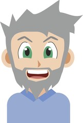 Japanese manga style illustration of an old man with gray hair and beard smiling front view. Anime style image isolated on white background