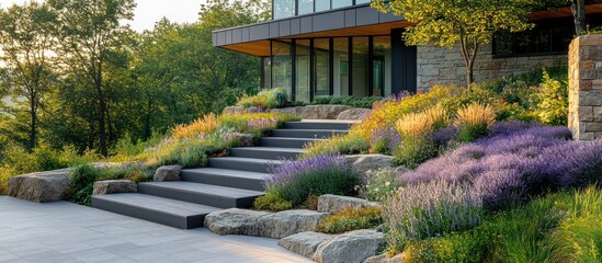 Obraz premium Modern home with stone and wood accents, a landscaped walkway with stairs and flowers.
