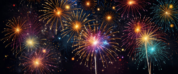 Fototapeta premium Colorful fireworks at night, festive party background.