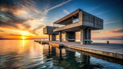 Futuristic concrete brutalist building on a pier at sunset , architecture, futuristic, concrete, brutalist, pier, sunset