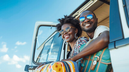 Black woman and man sitting inside their colorful van. Summer car travel concept and sunny sky adventure