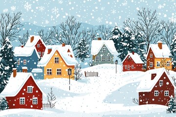 Fototapeta premium Charming snowy village scene with cute houses, perfect for holiday greeting cards