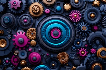 Fototapeta premium 3D digital rendering of a complex mechanical machine, with vibrant colors and detailed textures showcasing the inner workings of gears and components
