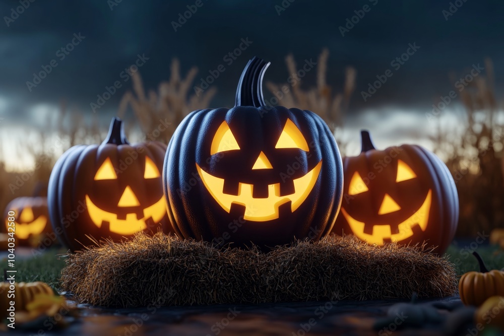 Poster 3d digital rendering of glowing jack-o'-lanterns, with friendly, smiling faces arranged in a festive