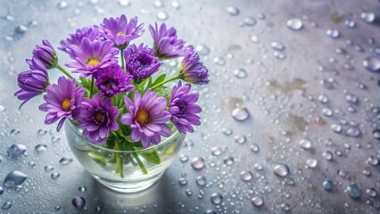 Aerial view of purple flowers in vase with water droplets