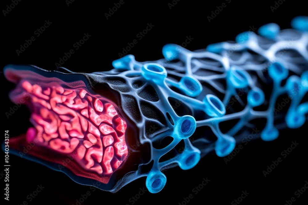 Poster Advanced cell membrane with artificial ion channels, designed with futuristic materials and glowing energy fields