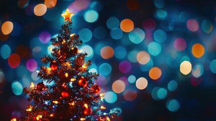 Bokeh of Light on Christmas tree. Defocused Light on Christmas tree on blurred background. Blurred Christmas background for template