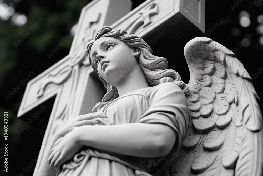 Poster angel resting on a cross, draped across the arms of the stone, with soft light filtering through the