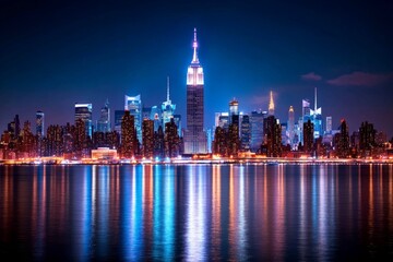 Fototapeta premium Bright city skyline at night, showcasing the triumph of human achievement and the power of industrial civilization