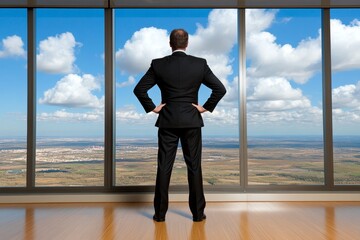 Businessperson in a sleek office, making decisions independently, showcasing rational self-interest and objective thinking