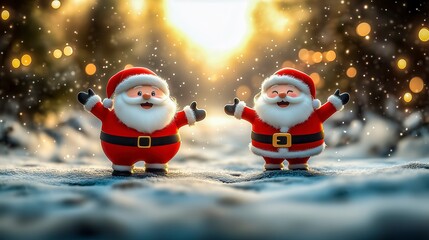 Two Cheerful Santa Figures Celebrate Christmas in a Snowy Scene With Glowing Lights