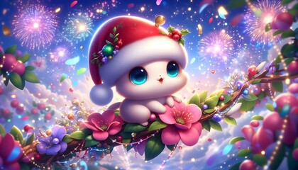 Obraz premium Adorable Christmas Kitten on Flower Branch with Fireworks