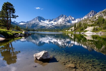 Cerulean mountain lake reflecting snow-capped peaks, surrounded by pine trees under a cloudless blue sky