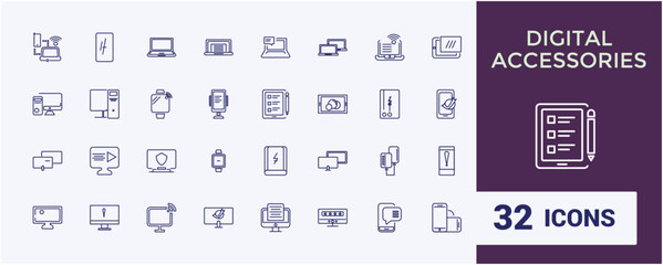 Computer and device line icons set. Including laptop, tablet, smartphone, printer, mouse, keyboard and more. Thin line vector icons collection. Editable stroke. Pixel perfect.