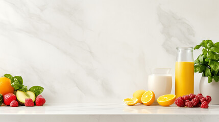 Fototapeta premium A vibrant arrangement of smoothie ingredients includes fresh fruits, greens, and juices on a kitchen counter