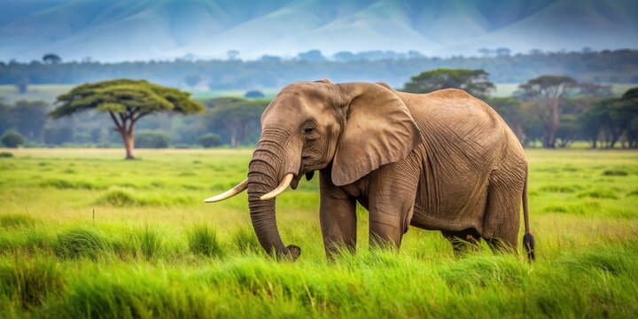 Elephant eating grass in a lush field, elephant, grass, eating, wildlife, nature, animal, herbivore, trunk, tusks, pachyderm - Powered by Adobe