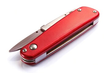 Aerial view of Red pocket folding knife opened on white background