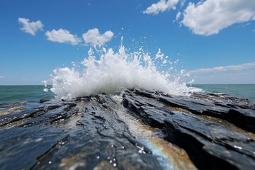 Cerulean waves crashing on a rocky shore, with sea spray catching the sunlight and creating rainbows in the mist