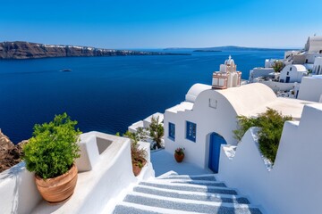 Fototapeta premium Cerulean-tiled rooftop in Santorini, with whitewashed buildings and the deep blue Aegean Sea in the background