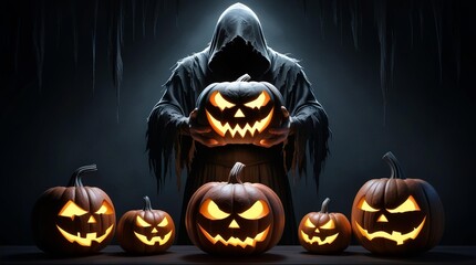 witch in black robe holding Halloween pumpkin