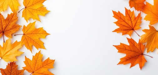 Fototapeta premium Colorful autumn leaves arranged artistically on a white background.
