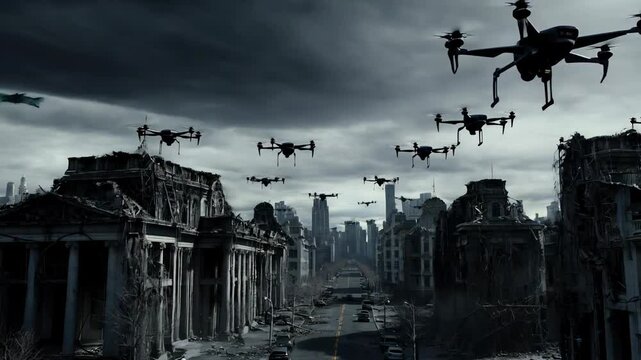 Swarm of drones ominously hovers over a ruined city, hinting at a dystopian future of destruction and chaos. Chilling sense of surveillance and authoritarian rule