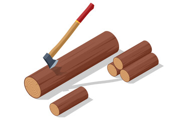 Isometric fire wood and old axe. Renewable resource of a energy. Harvesting firewood. Metal ax with a wooden handle.