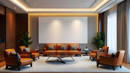 Modern Office Lounge with Leather Furniture and Large Blank Wall