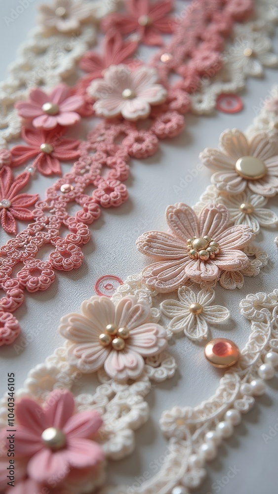 Poster a close up of buttons and lace with a pink background