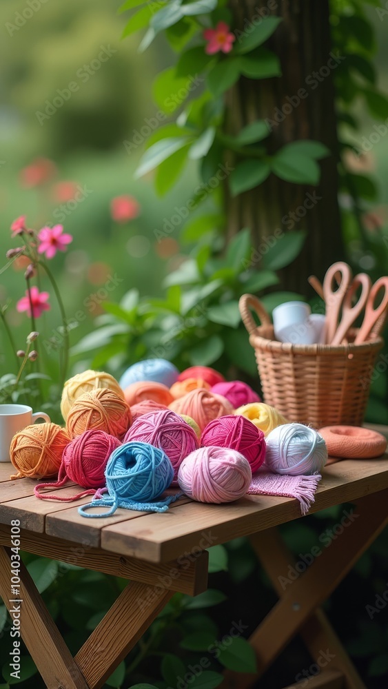 Poster a basket of colorful yarn sits on a table next to a knitted blanket