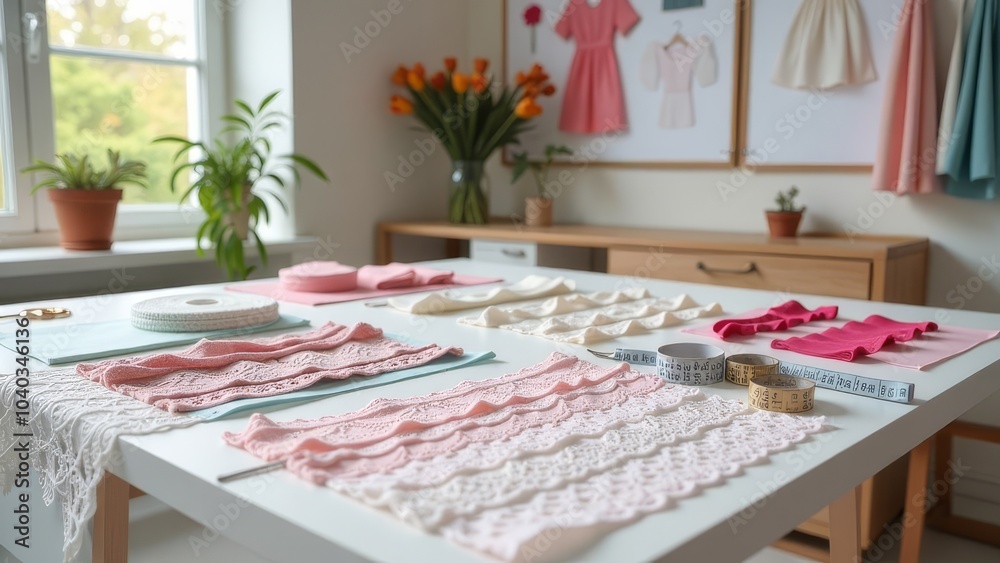 Poster a table with a variety of lace and fabric on it