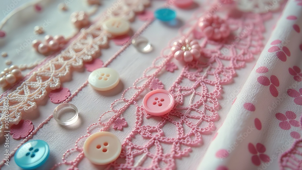 Poster a close up of buttons and lace with a pink background