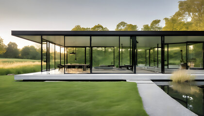 Fototapeta premium Minimalist Glass House in Serene Countryside Setting