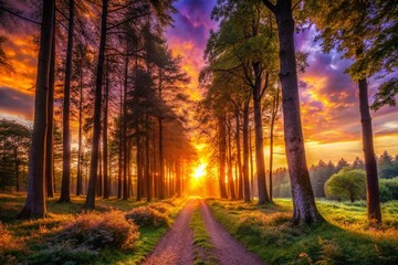 Vibrant Sunset Forest Path with Silhouetted Trees for Nature Photography