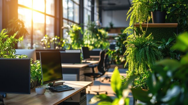 A bright and sunny office with a lot of greenery