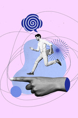 Vertical photo collage of happy freelancer man run laptop device hand point direction promotion career isolated on painted background