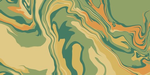 Swirly abstract liquid background. Full frame textures abstract muted green orange glowing wave background. Fluid liquid backdrop copy space. Swirling distorted artistic display of fluid motion effect