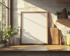 Mockup of an empty, sideview blank poster, frame, on a kitchen countertop